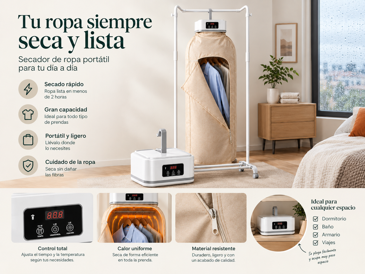 Secadora de Ropa Portátil Plegable 600W con Temporizador